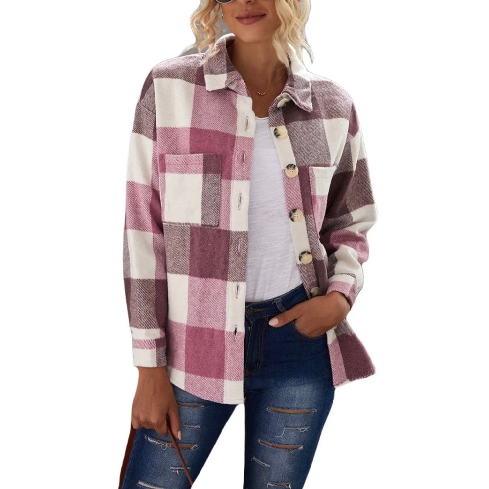 Boutique Pink and White Plaid Print Drop Shoulder Button Up Lapel Neck Jacket